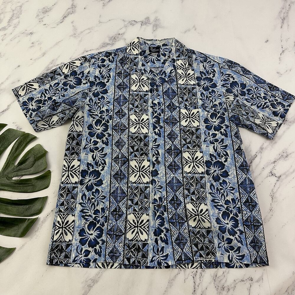 Royal Creations Mens Vintage 80s Hawaiian Shirt Size M Blue Block Floral Aloha